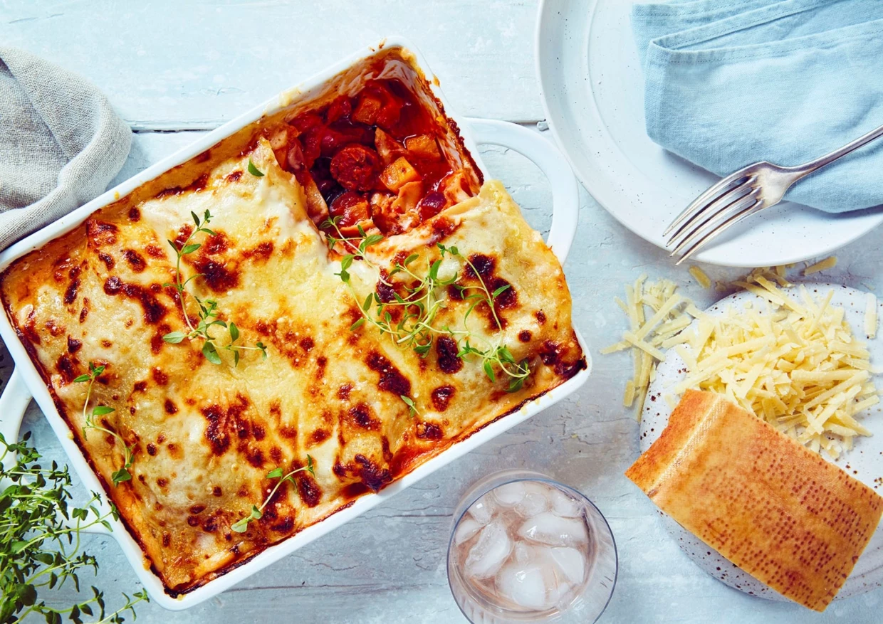 Parmigiano Reggiano Roasted Vegetables and Chorizo Lasagne Recipe | Food Network UK