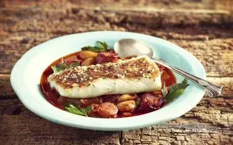 Baked Cod in a Chorizo Broth Recipe | Food Network UK