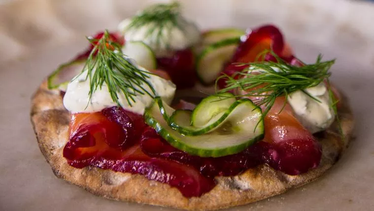 Beetroot Gravadlax with Crisp Breads and Pickled Cucumber Recipe | Food Network UK