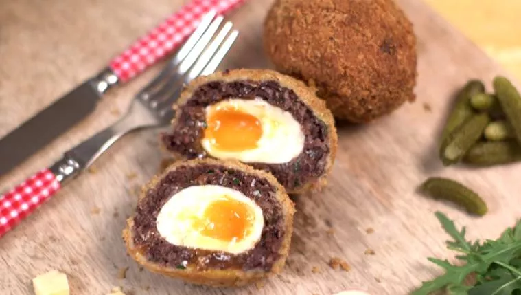 Black Pudding and Cider Scotch Eggs with Chorizo Mayo Recipe | Food Network UK