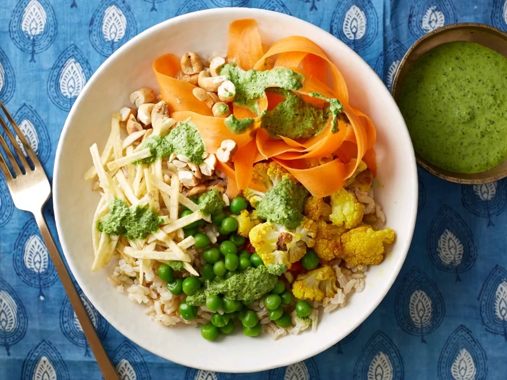 Brown Rice Bowl with Curried Roasted Cauliflower and Green Chutney Recipe | Food Network UK