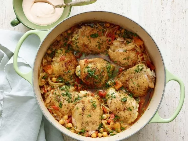 Chicken and Chickpea Tagine with Apricots and Harissa Sauce Recipe | Food Network UK