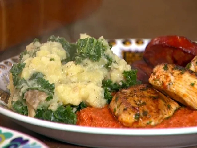 Chicken and Chorizo Romesco with Spanish Potatoes and Kale Recipe | Food Network UK