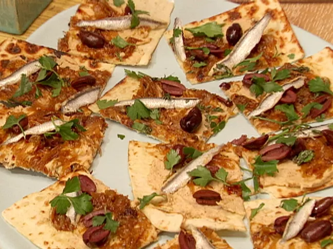 Flatbread with White Bean Hummus, Caramelized Onions, Black Olives and Spanish White Anchovies Recip