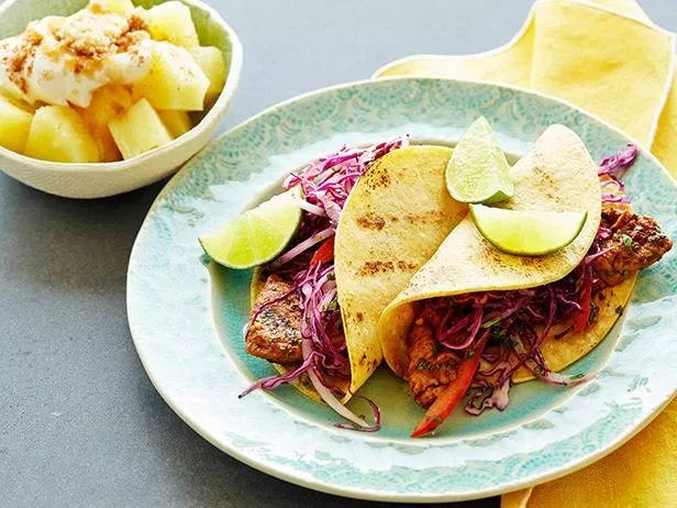 Grilled Chipotle Pork Tacos with Red Coleslaw and Brown Sugar Pineapple Recipe | Food Network UK