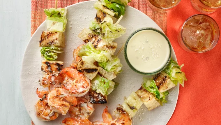 Grilled Prawn Caesar Salad Skewers Recipe | Food Network UK