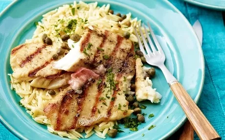 Grilled Tilapia with Lemon Butter, Capers and Orzo Recipe | Food Network UK