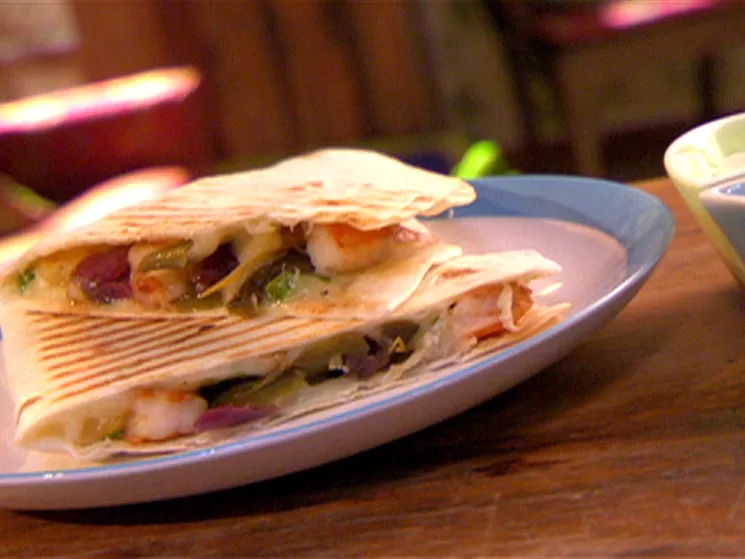 Island Quesadillas with Lime Sour Cream and Pureed Mango Dip Recipe | Food Network UK