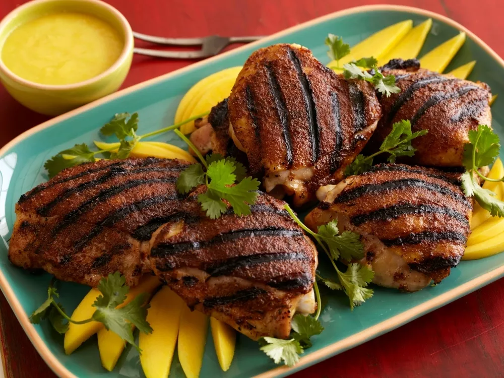 Jerk Rubbed Chicken Thighs with Home-Made Mango-Habanero Hot Sauce Recipe | Food Network UK