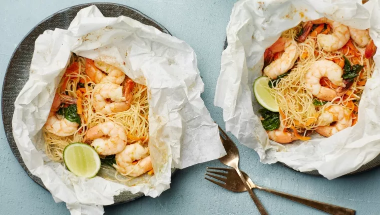 Lemongrass-Coconut Prawn and Noodles Parchment Pack Recipe | Food Network UK
