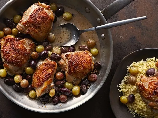 Pan Roasted Chicken Thighs with Grapes and Olives Recipe | Food Network UK
