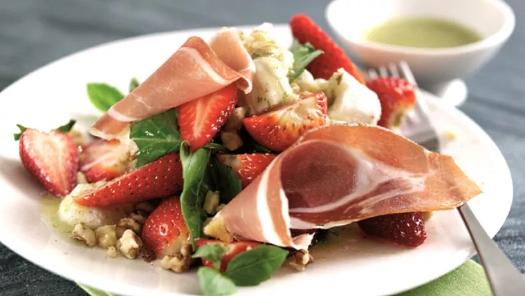 Parma Ham, Strawberry, Mozzarella and Walnut Summer Salad with Kiwi-Lime Vinaigrette Recipe | Food N