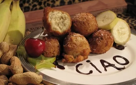Peanut Butter Banana Fritters Drizzled with Chocolate Sauce Recipe | Food Network UK