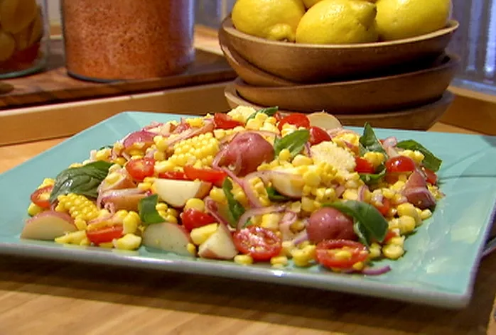 Potato, tomato, corn and basil salad Recipe | Food Network UK
