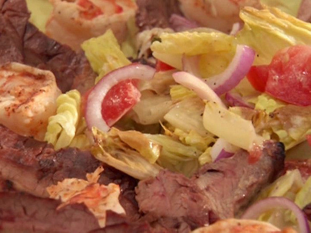 Surf n' turf- flank steak and prawns with a salad of grilled romaine Recipe | Food Network UK