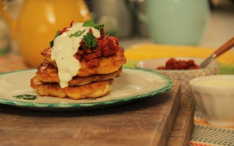 Sweetcorn Fritters with Chorizo Salsa and Soured Cream Recipe | Food Network UK
