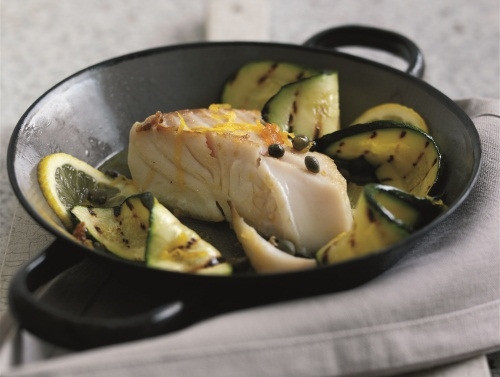 Wild Alaskan halibut with lemon, capers and char-grilled courgettes Recipe | Food Network UK