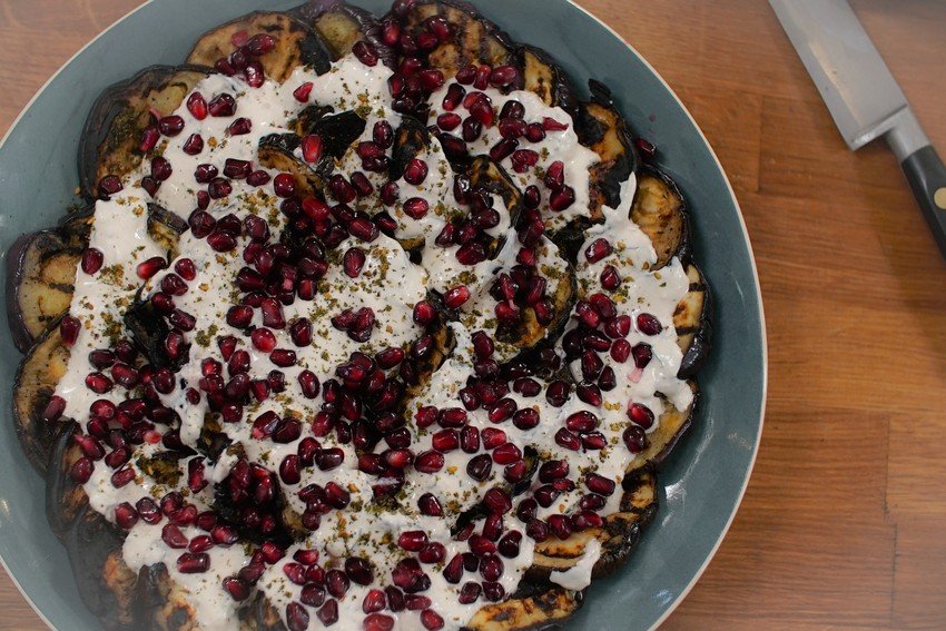 Tom Kerridge's Chargrilled Aubergines with Tahini Dressing Recipe | Food Network UK