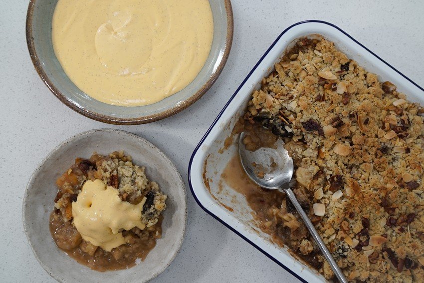 Tom Kerridge's Apple and Pear Crumble with Proper Custard Recipe | Food Network UK