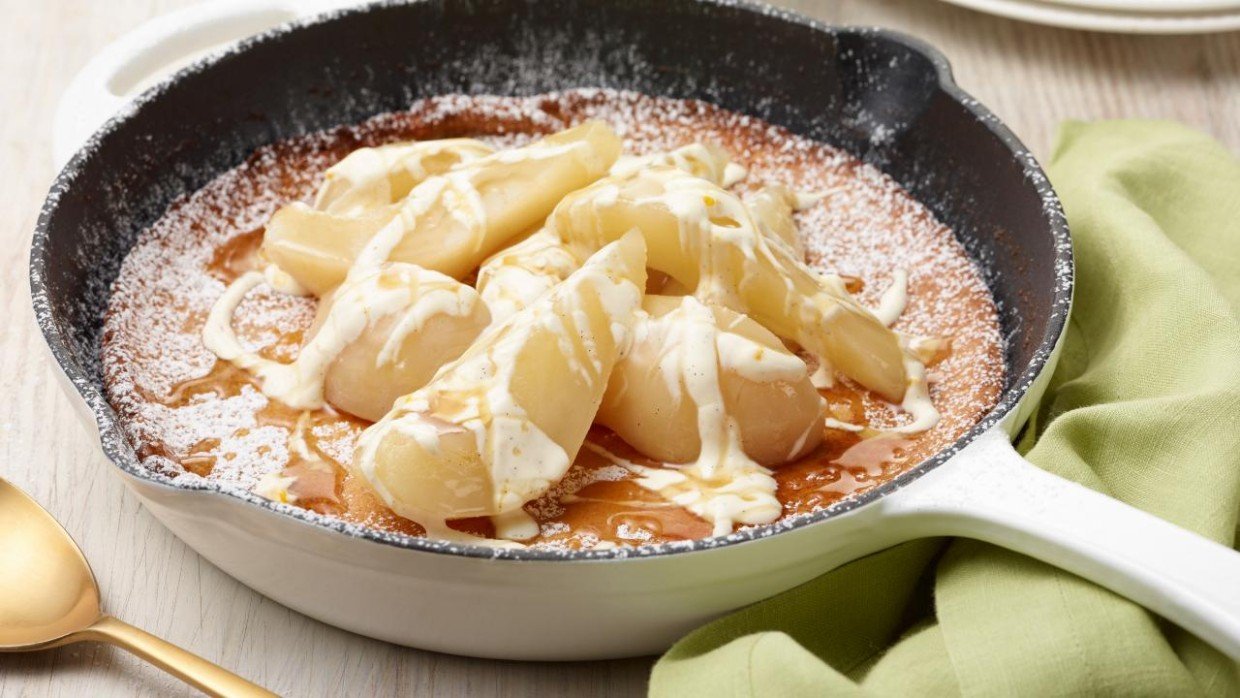 Gingerbread Dutch Baby with Poached Maple Pears and Creme Fraiche Recipe | Food Network UK