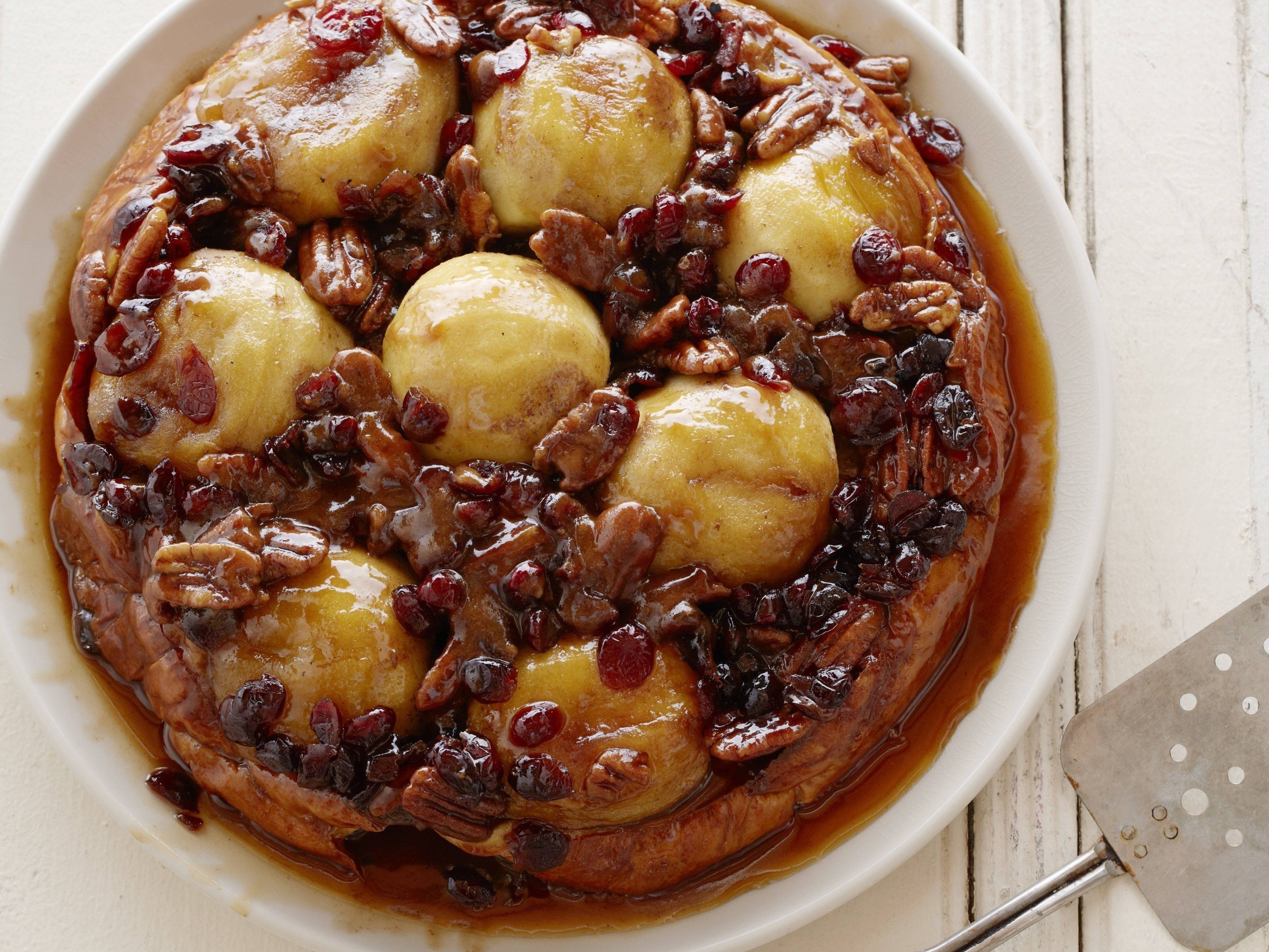 upside-down apple french toast with cranberries and pecans