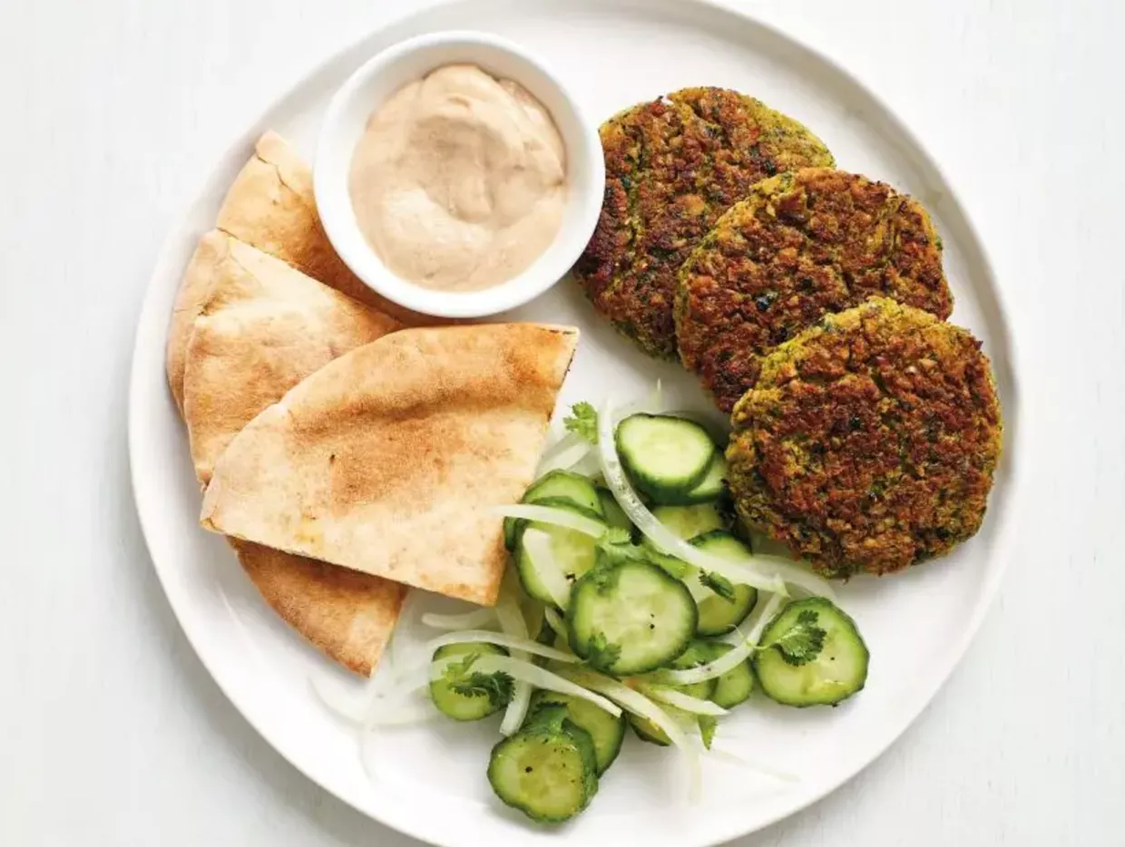 Baked Chickpea Burgers with Cucumber and Tahini Recipe | Food Network UK