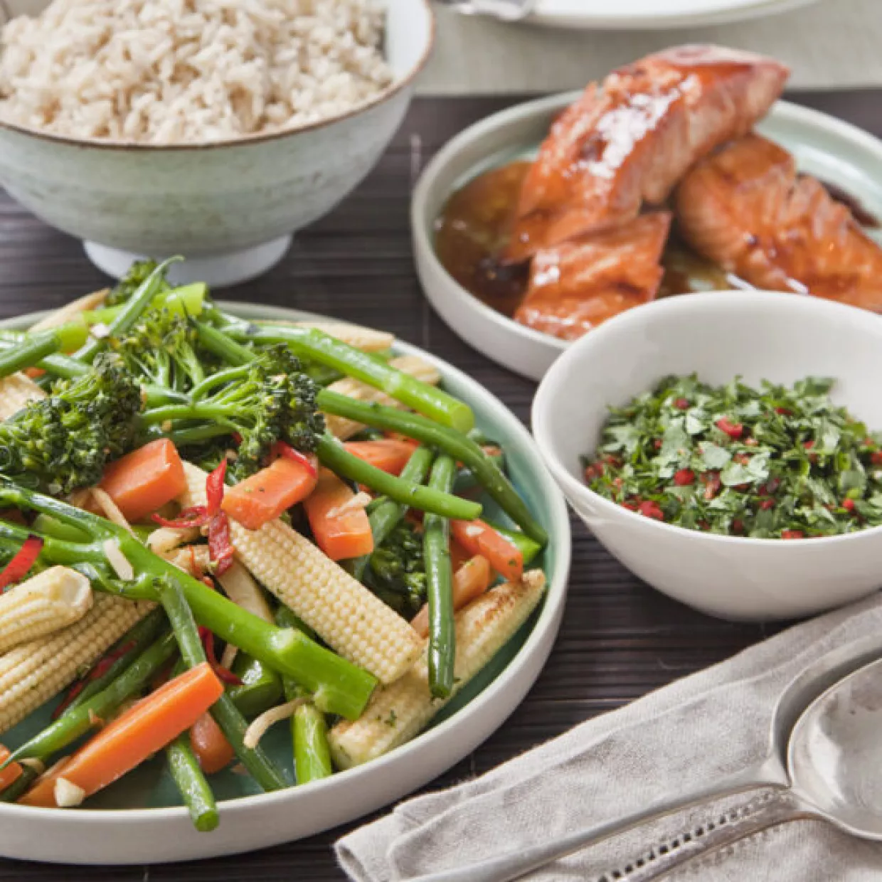 Asian Sticky Salmon with Tenderstem Two Ways Recipe | Food Network UK
