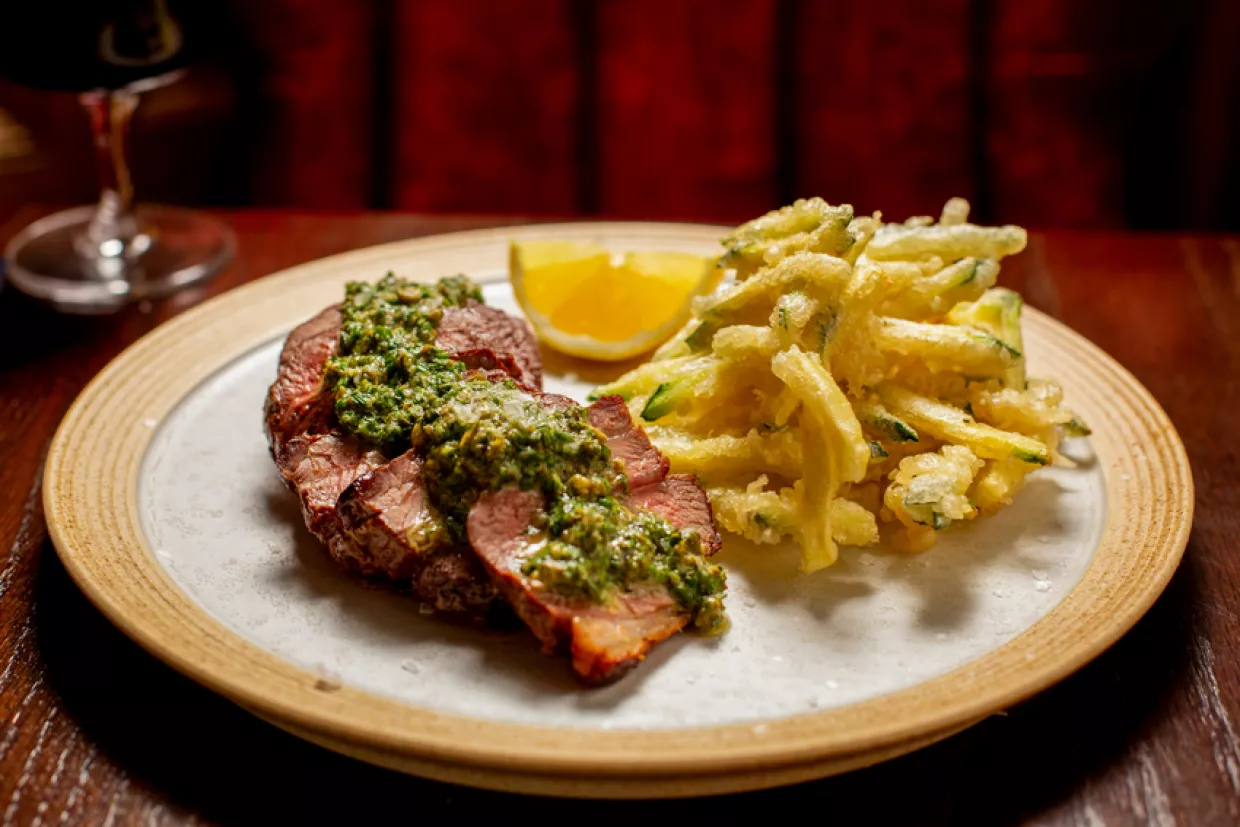 Tom Kerridge's Lamb Rump with Mint Salsa and Courgette Fritters Recipe | Food Network UK