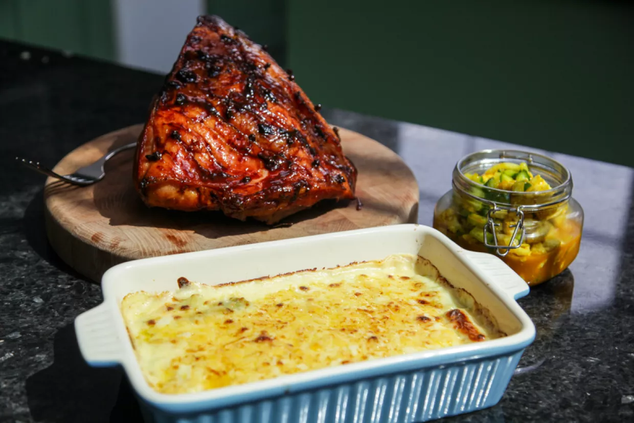 Glazed Ham Leek Gratin and Piccalilli Recipe | Food Network UK