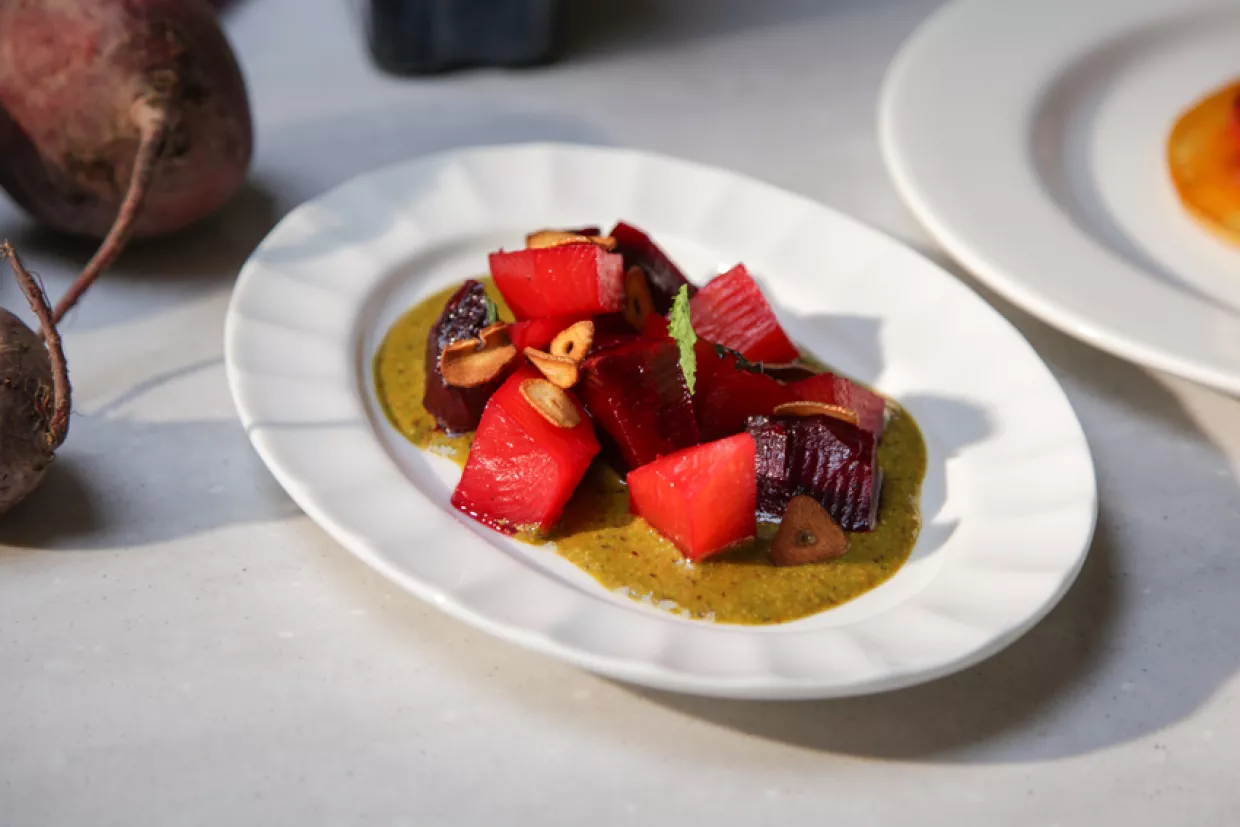 Roast Beetroots, Pistachio Butter & Crispy Garlic Recipe | Food Network UK